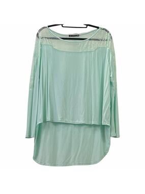 Ling Yi Yuan Mint Green Long Sleeve Stretchy Hi-Lo Top with Lace Panels Large